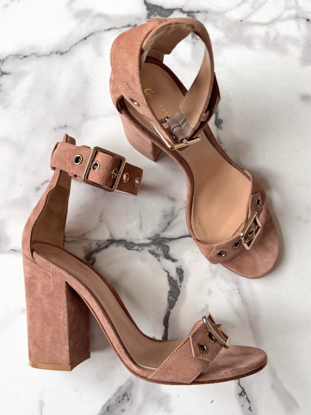 Gianvito Rossi Hayes Tan Suede Buckle Sandal Heels Size 37.5